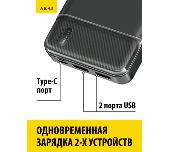 Внешний аккумулятор AKAI BE-20007 PD, 20 000 maH, черный BE-20007 PD черный