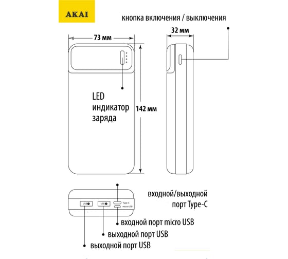 Внешний аккумулятор AKAI BE-20007 PD, 20 000 maH, черный BE-20007 PD черный
