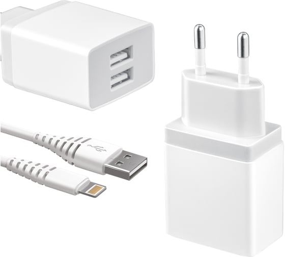 Универсальное сетевое зарядное устройство AKAI CH-6A06 2 USB 2.1A + дата-кабель Lightning MFI, белый CH-6A06W