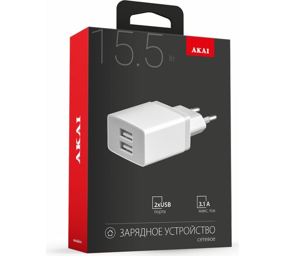 Универсальное сетевое зарядное устройство AKAI 2 USB 3.1A белый CH-6C04W