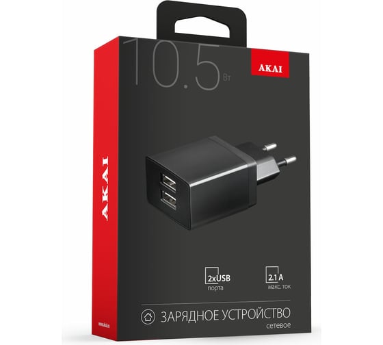 Универсальное сетевое зарядное устройство AKAI 2 USB 2.1A черный CH-6C03B