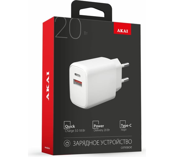 Универсальное сетевое зарядное устройство AKAI CH-6A14 PD20W + QC3.0 18W, 1xType C, 1xUSB A белый CH-6A14W