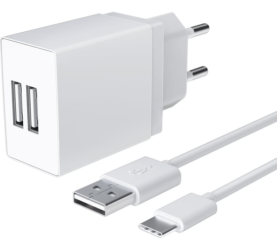 Универсальное сетевое зарядное устройство AKAI CH-6A09 2 USB 2.1A + дата-кабель Type C, белый CH-6A09W
