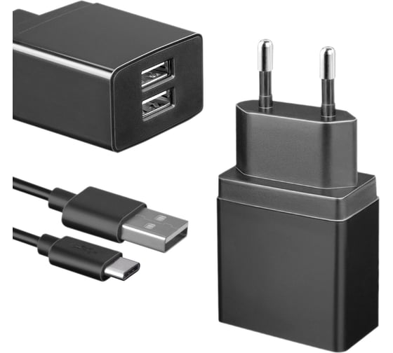 Универсальное сетевое зарядное устройство AKAI CH-6A09 2 USB 2.1A + дата-кабель Type C, черный CH-6A09B
