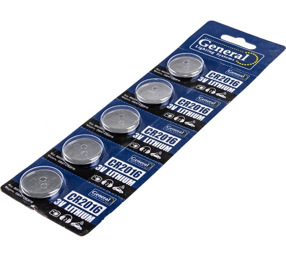 Батарейка General Lighting Systems GBAT-CR2016 кнопочная литиевая 5pcs/card (Рас.0) 800566