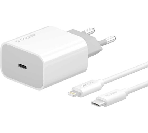 Сетевое зарядное устройство Deppa USB Type-C, Power Delivery, 20Вт, дата-кабель USB-C - Lightning MFI, белый 11392