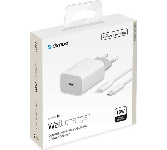 Сетевое зарядное устройство Deppa USB Type-C, Power Delivery, 20Вт, дата-кабель USB-C - Lightning MFI, белый 11392