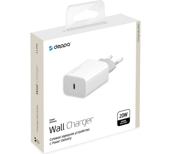 Сетевое зарядное устройство Deppa USB Type-C, Power Delivery, 20Вт, белый 11391