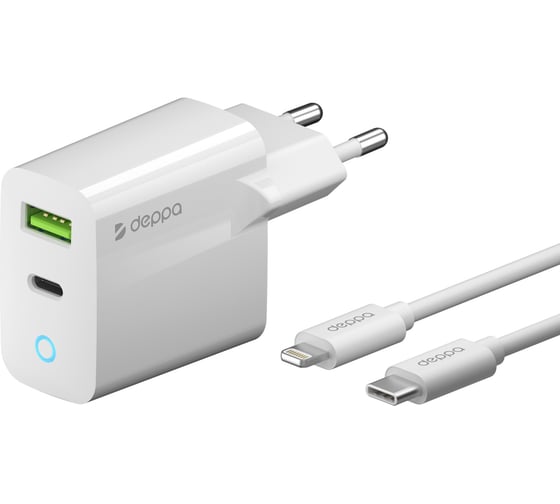 Сетевое зарядное устройство Deppa USB-C + USB A, PD 3. 0, QC 3. 0, 20W, дата-кабель USB-C - Lightning ( MFI) , 1. 2м, белый 11396 1