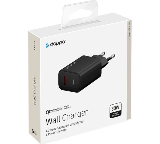 Сетевое зарядное устройство Deppa USB-C + USB A, PD 3. 0, QC 3. 0, 30W, черный 11421