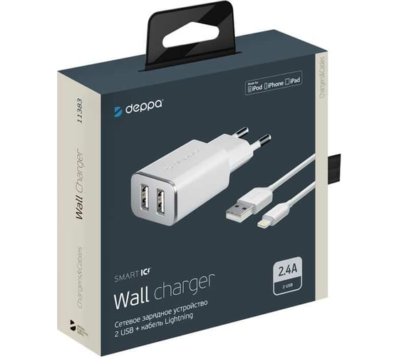 Сетевое зарядное устройство Deppa 2 USB 2. 4А + кабель Lightning, MFI, белый 11383