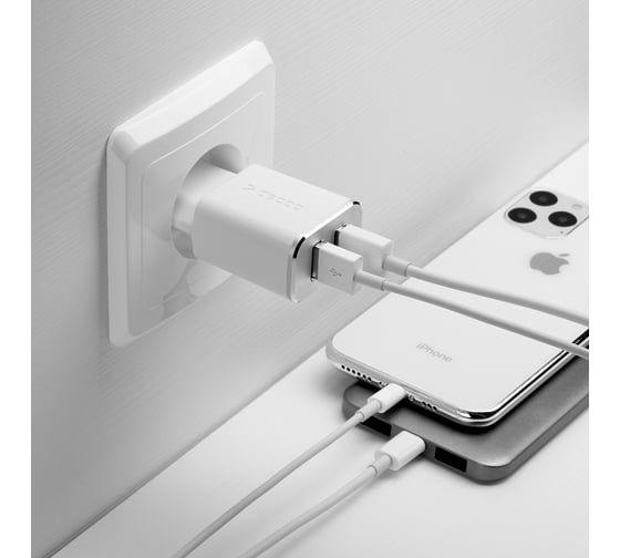 Сетевое зарядное устройство Deppa 2 USB 2. 4А + кабель Lightning, MFI, белый 11383