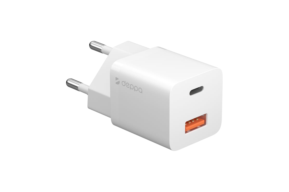 Сетевое зарядное устройство Deppa USB-C + USB-A, PD 3. 0, QC 3. 0, GaN,  20Вт, белый 11410