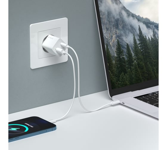 Сетевое зарядное устройство Deppa USB-C + USB-A, PD 3. 0, QC 3. 0, GaN, 20Вт, белый 11410