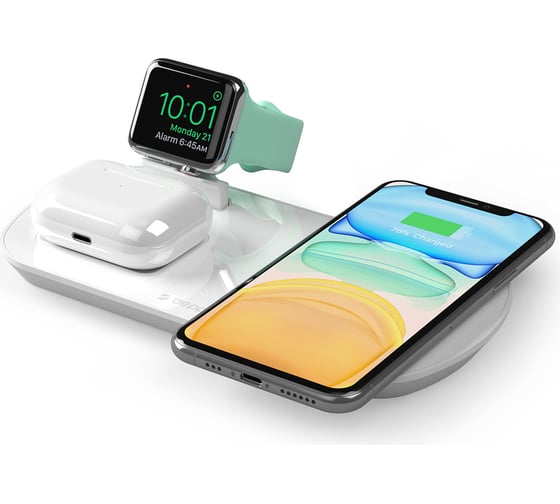 Зарядная станция Deppa 3 в 1: iPhone, Apple Watch, Airpods, беспроводная, 17,5 Вт, белая 24010
