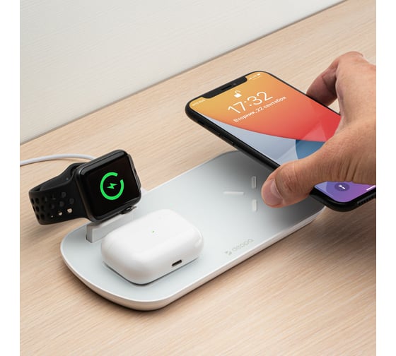 Зарядная станция Deppa 3 в 1: iPhone, Apple Watch, Airpods, беспроводная, 17,5 Вт, белая 24010