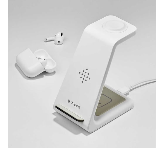 Зарядная станция 3 в 1 Charging Stand: iPhone, Apple Watch, Airpods Deppa 17,5 Вт, белая 24015