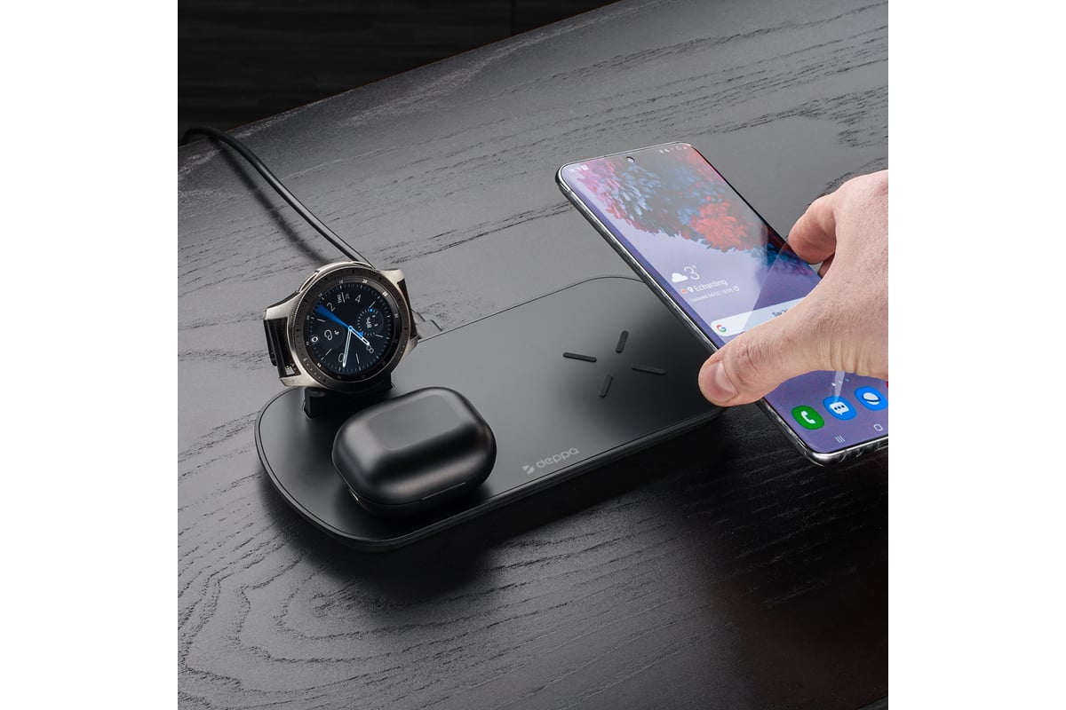 Зарядная станция Deppa 3 в 1: Qi, Galaxy Watch, Galaxy Buds, беспроводная,  17,5 Вт, черная 24011