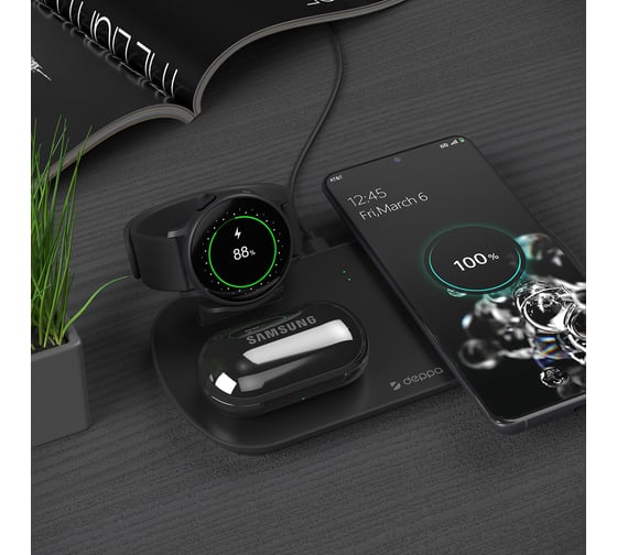 Зарядная станция Deppa 3 в 1: Qi, Galaxy Watch, Galaxy Buds, беспроводная, 17,5 Вт, черная 24011