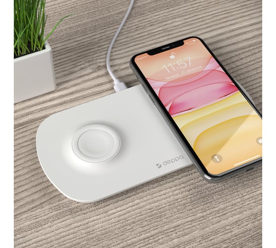 Зарядная станция 2 в 1 iPhone, Apple Watch Deppa беспроводная, 17,5 Вт, белая 24013