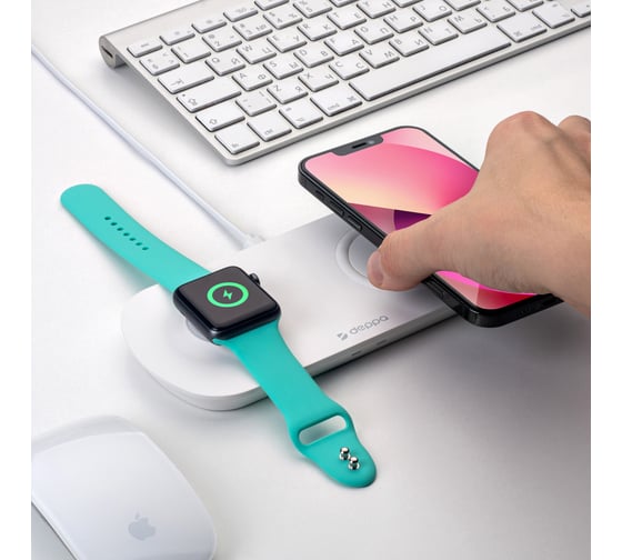 Зарядная станция 2 в 1 iPhone, Apple Watch Deppa беспроводная, 17,5 Вт, белая 24013