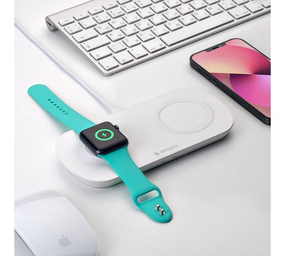 Зарядная станция 2 в 1 iPhone, Apple Watch Deppa беспроводная, 17,5 Вт, белая 24013