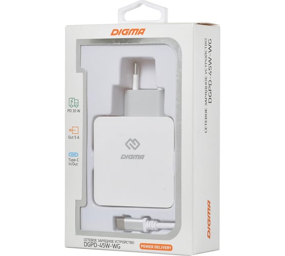 Сетевое зарядное устройство DIGMA 3A+2.4A (PD) универсальное кабель USB Type C белый 1079237