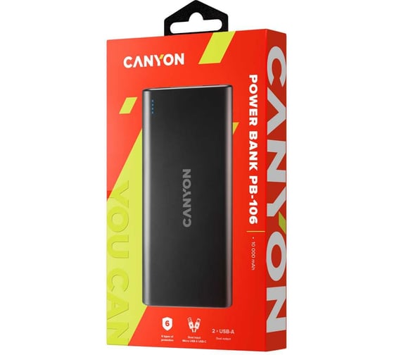 Внешний аккумулятор Canyon PB-106, 10000 мАч, черный CNE-CPB1006B