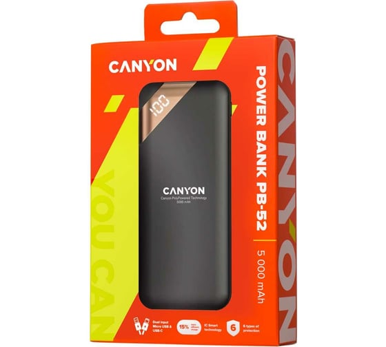 Внешний аккумулятор Canyon PB-52, 5000 мАч черный CNE-CPBP5B