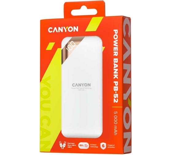 Внешний аккумулятор Canyon PB-52, 5000 мАч, белый CNE-CPBP5W
