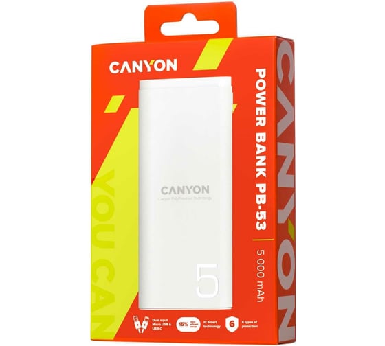Внешний аккумулятор Canyon PB-53, 5000 мАч, белый CNE-CPB05W