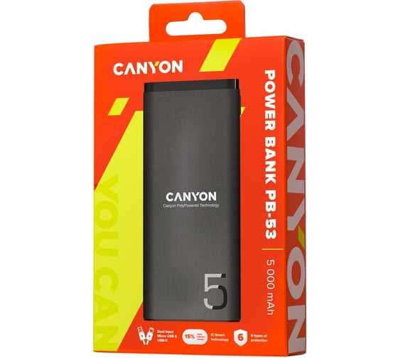 Внешний аккумулятор Canyon PB-53, 5000 мАч, черный CNE-CPB05B