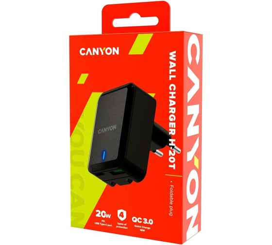 Сетевое зарядное устройство Canyon H-20T, USB-C + USB-A, 3A, черный CNS-CHA20B