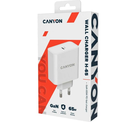 Сетевое зарядное устройство Canyon H-65, USB-C, 3.25A, белый CND-CHA65W01