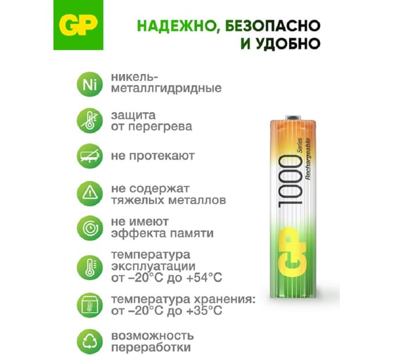 Перезаряжаемые аккумуляторы GP 100AAAHC AAA, емкость 1000 мАч - 4 шт 100AAAHC3/1-2CR4 15696977