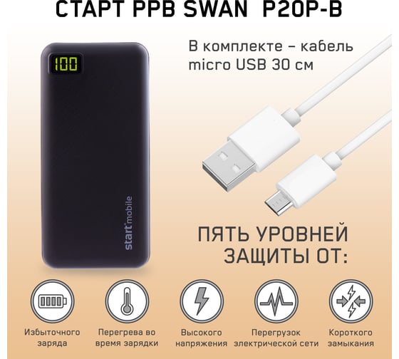 Внешний аккумулятор СТАРТ емкостью 20000 мАч PPB SWAN P20P-B