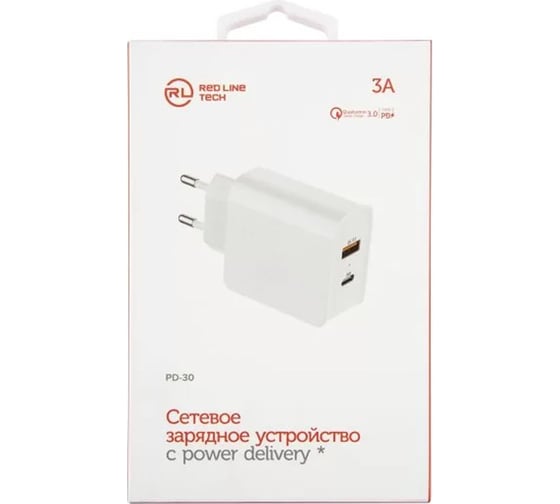 Сетевое зарядное устройство Red Line Tech USB + Type-C, модель PD-30, 3A, QC3.0 + PD30, белый УТ000026779