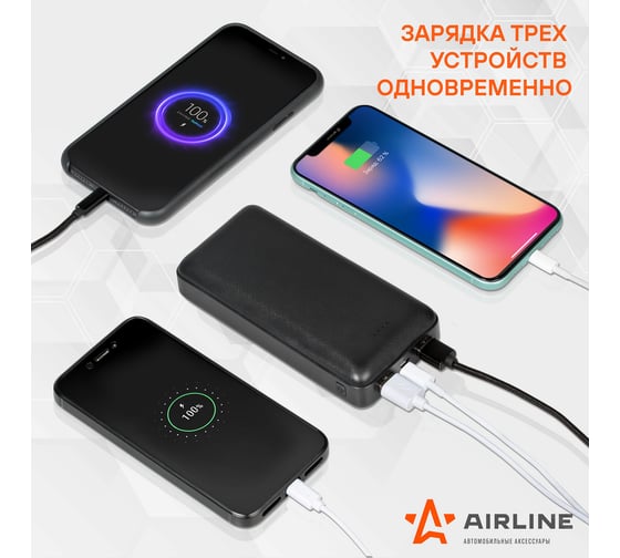 Внешний аккумулятор Airline с быстрой зарядкой PRO: 20000мАч, 18W, 2xUSB 3A, Type-C AEAB004
