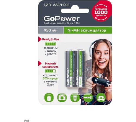Предзаряженный аккумулятор GoPower RTU HR03 AAA BL2 NI-MH 950mAh 00-00018321