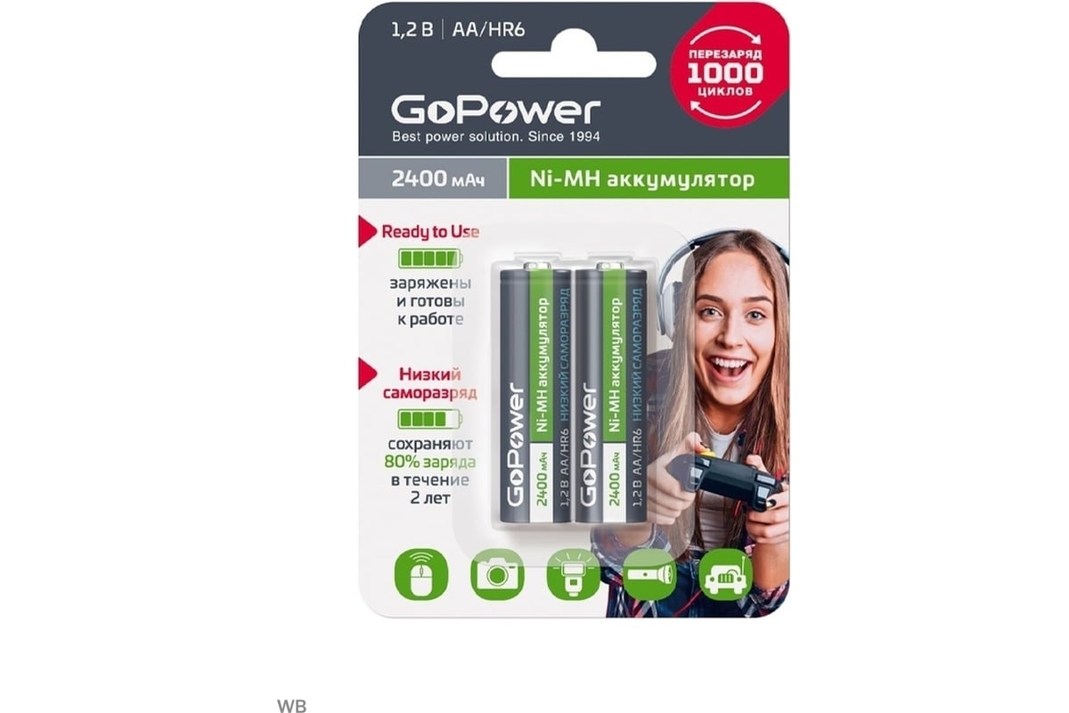 Предзаряженный аккумулятор GoPower RTU HR6 AA BL2 NI-MH 2400mAh 00-00018320  - выгодная цена, отзывы, характеристики, фото - купить в Москве и РФ