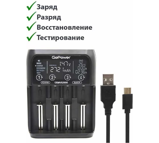 Зарядное устройство GoPower для аккумуляторов Genius2000 Ni-MH/Ni-Cd/Li-ion/IMR/LiFePO4 4 слота (1/40) 00-00017019