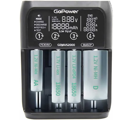 Зарядное устройство GoPower для аккумуляторов Genius2000 Ni-MH/Ni-Cd/Li-ion/IMR/LiFePO4 4 слота (1/40) 00-00017019