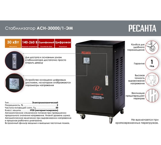 Стабилизатор напряжения Ресанта АСН 30000/1-ЭМ 63/3/3