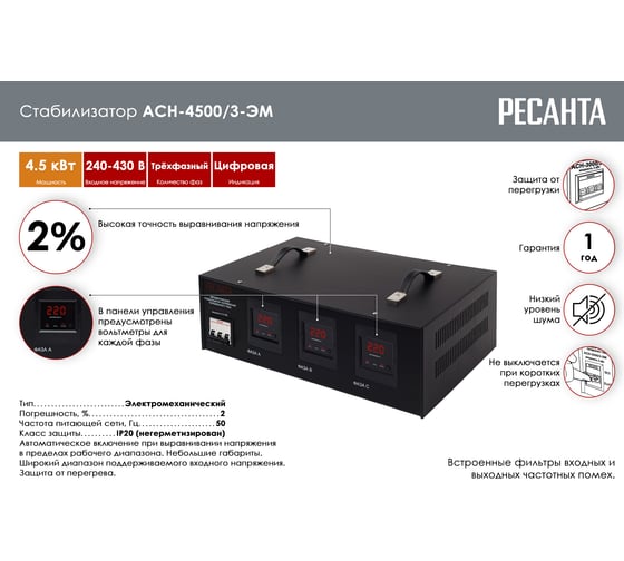 Трехфазный стабилизатор напряжения Ресанта АСН 4500/3 63/4/2