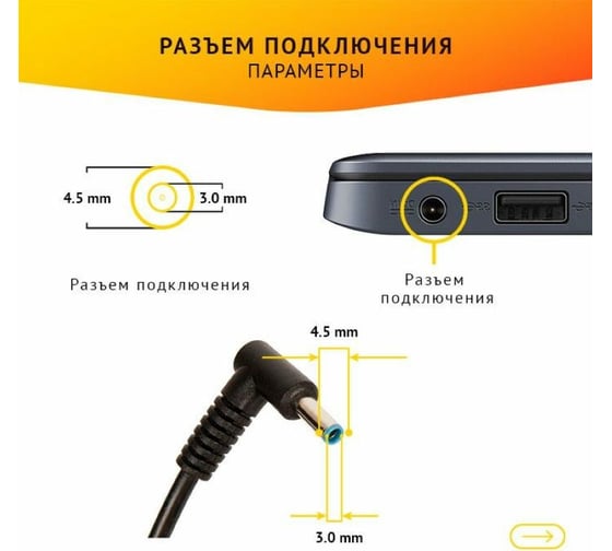 Блок питания ZeepDeep для ноутбука HP Stream, Spectre, G3 4,5,6-series, Elitebook, Probook, Envy, 19.5V 2.31A, 45W с кабелем, штекер 4.5x3.0 780269