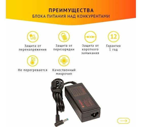 Блок питания ZeepDeep для ноутбука HP Stream, Spectre, G3 4,5,6-series, Elitebook, Probook, Envy, 19.5V 2.31A, 45W с кабелем, штекер 4.5x3.0 780269