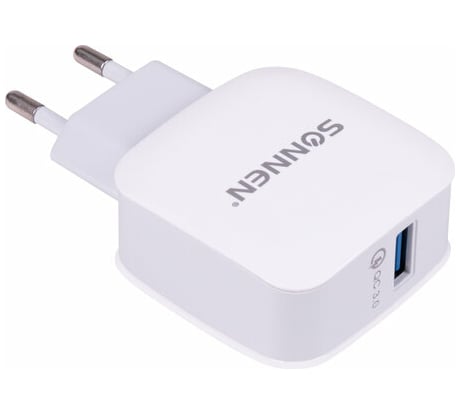 Быстрое зарядное устройство SONNEN сетевое (220 В), USB QC 3.0 18 Вт, 3 А, белое, 455506