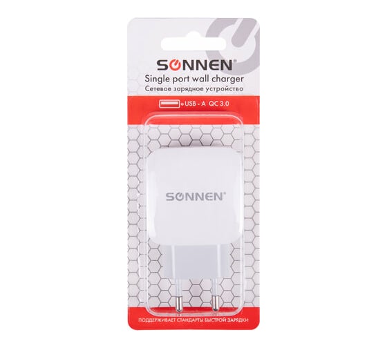 Быстрое зарядное устройство SONNEN сетевое (220 В), USB QC 3.0 18 Вт, 3 А, белое, 455506