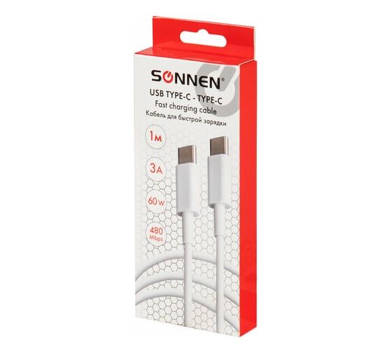 Кабель SONNEN USB Type-C-Type-C с поддержкой быстрой зарядки белый, 1м, медный 513613
