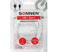 Кабель SONNEN белый, USB 2.0-Type-C, 1 м, медь, для передачи данных и зарядки 513558